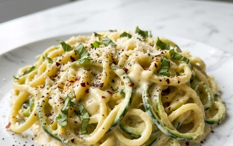 Zucchini-Spaghetti in cremiger Sauce– Zoodles