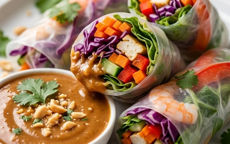 Rainbow Spring Rolls with Gin Extractger Peanut Sauce