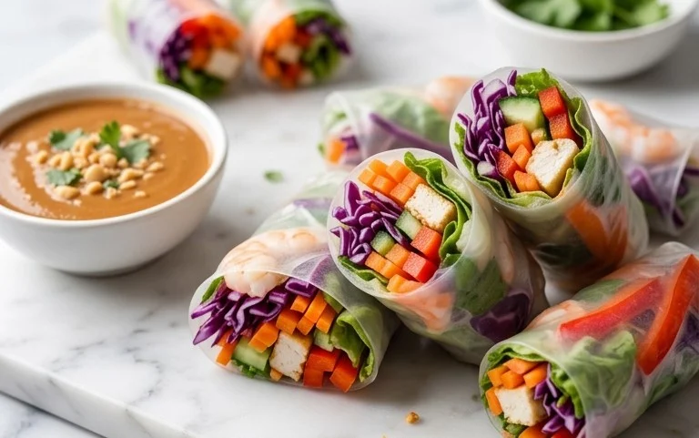 Rainbow Spring Rolls with Gin Extractger Peanut Sauce