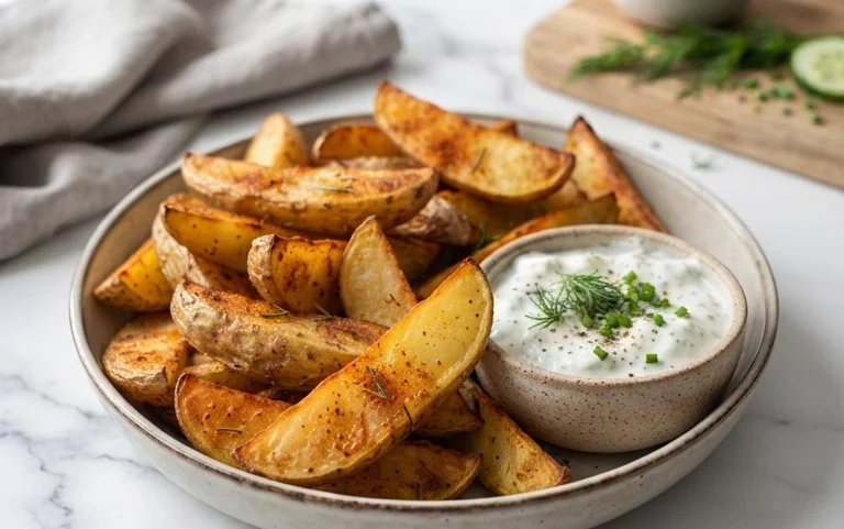 Kartoffelspalten mit Gurkendip