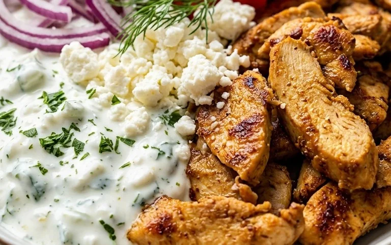 Mediterranes Hähnchen-Gyros mit Feta-Tzatziki genießen!