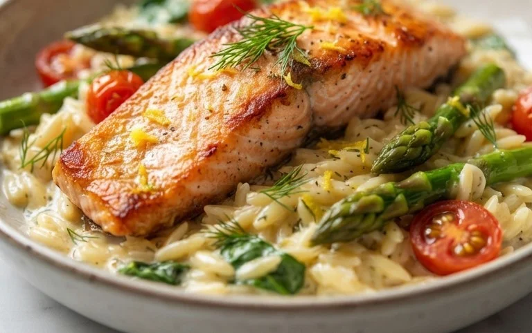 One Skillet Salmon with Lemon Orzo
