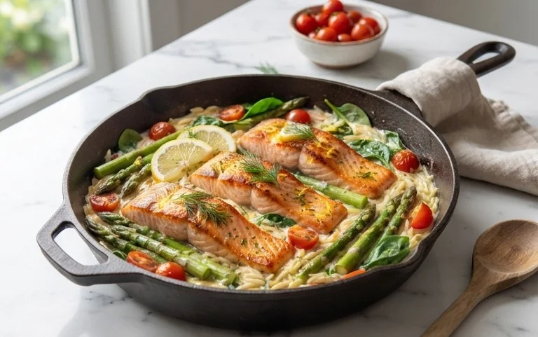 One Skillet Salmon with Lemon Orzo